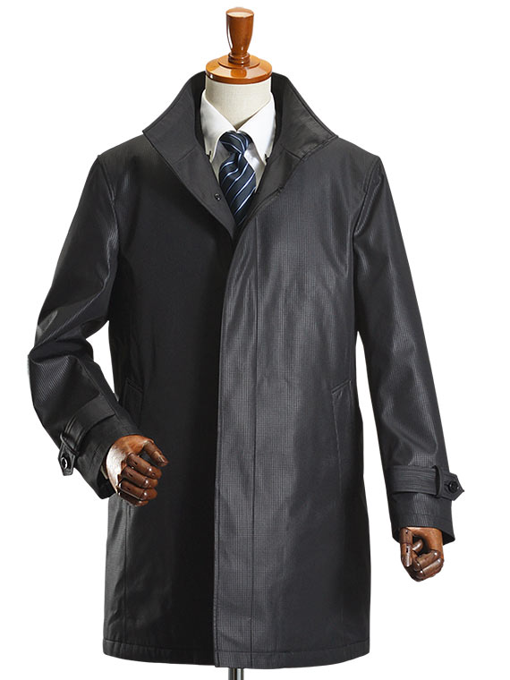 スタンドカラーコート メンズ ボンディング素材 黒 ブラック ビジネス メンズコート 千鳥 ビジネスコート スタンドコート 通勤コート 送料無料 スーツスタイルmarutomi