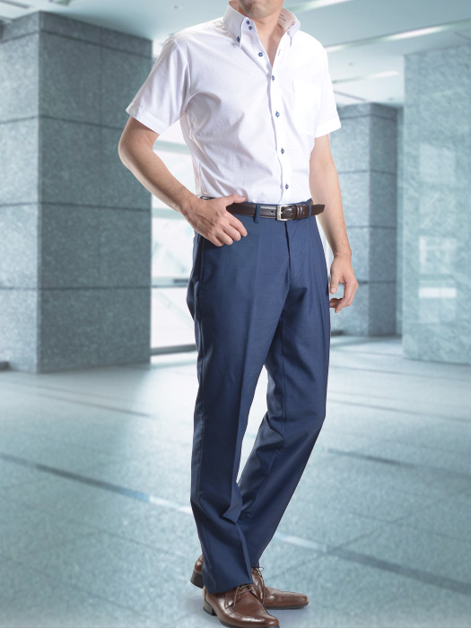 半袖ドゥエボットーニシャツ ブルー系スラックスで爽やかクールビズ メンズスーツのスーツスタイルmarutomi 公式通販