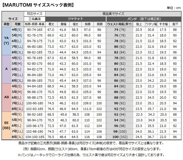 MARUTOMIサイズスペック表例